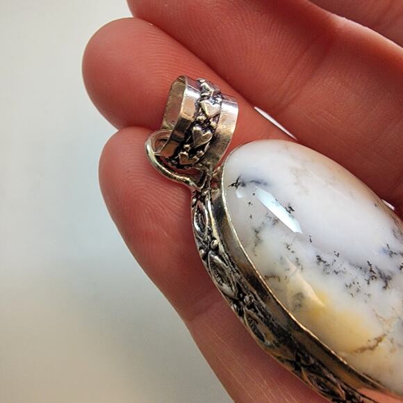 Ornate Sterling Silver Pendants Necklace with Handmade Dendritic Opal Jewelry - Picture 3 of 10